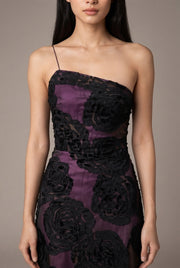 Burnt Flower Sling Slant Shoulder Flower Dress Dress — Purple — AI-generated studio bodice detail