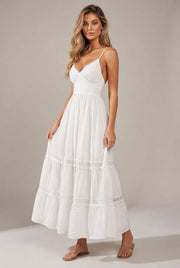 Cake Skirt White Lace Strap Backless Maxi Dress — White — AI-generated studio three-quarter view