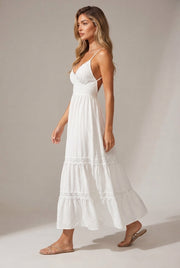 Cake Skirt White Lace Strap Backless Maxi Dress — White — AI-generated studio left-side walking view