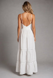 Cake Skirt White Lace Strap Backless Maxi Dress — White — AI-generated studio back view