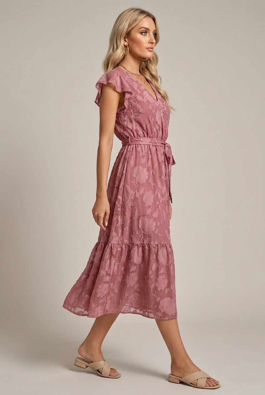 Casual V-neck Flower Sleeveless Dress — AI-generated studio left-side walking view