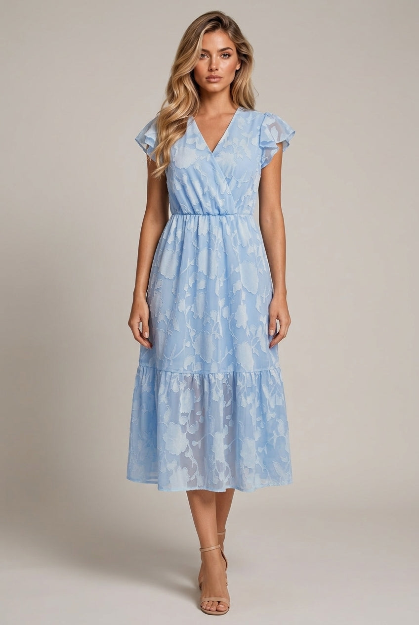 Léonie Floral Midi Dress — Light Blue — AI-generated studio front view