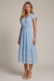 Léonie Floral Midi Dress — Light Blue — AI-generated studio three-quarter view