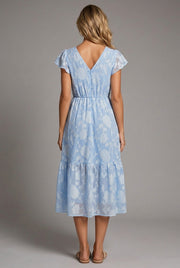 Léonie Floral Midi Dress — Light Blue — AI-generated studio back view
