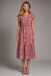 Léonie Floral Midi Dress — Pink — AI-generated studio front view