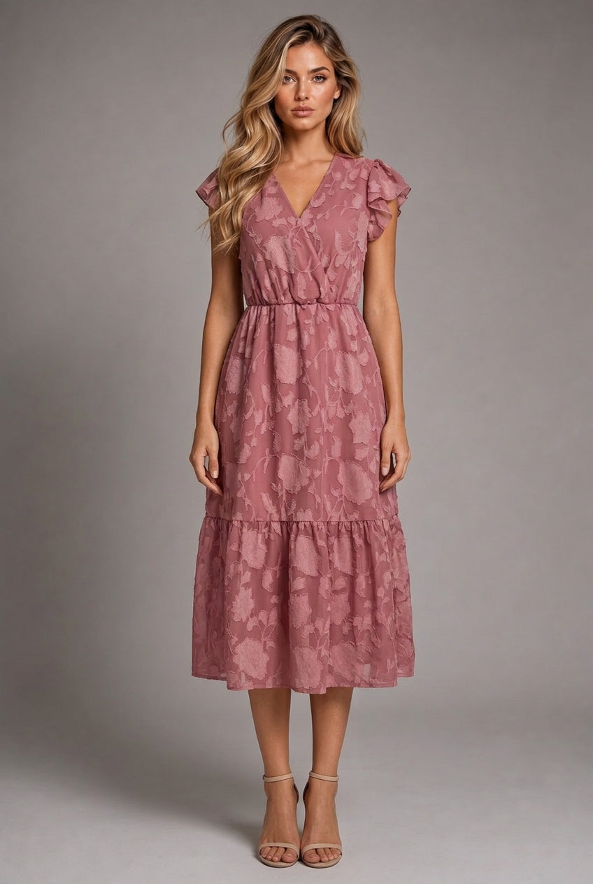 Léonie Floral Midi Dress — Pink — AI-generated studio front view