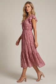 Léonie Floral Midi Dress — Pink — AI-generated studio left-side walking view