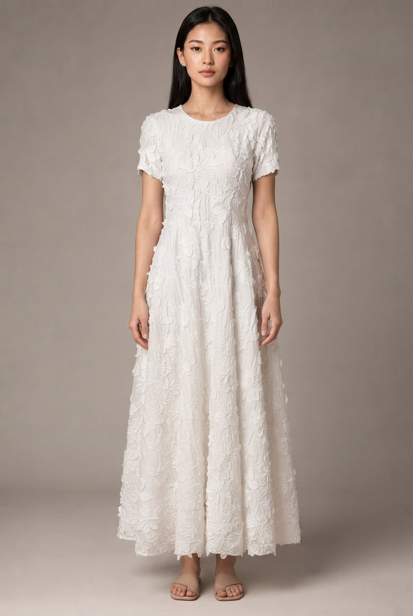 Creamy White Embroidery A- Line Dress — White — AI-generated studio front view
