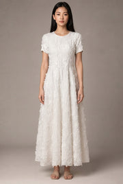 Creamy White Embroidery A- Line Dress — White — AI-generated studio front view