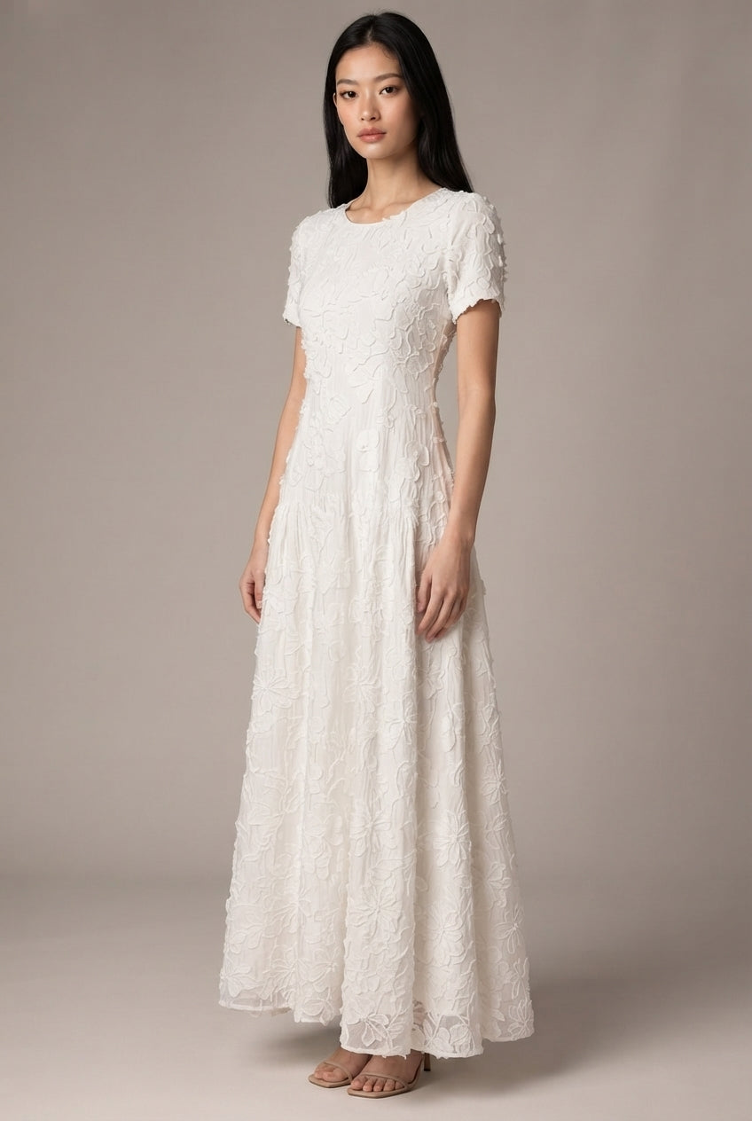 Creamy White Embroidery A- Line Dress — White — AI-generated studio three-quarter view