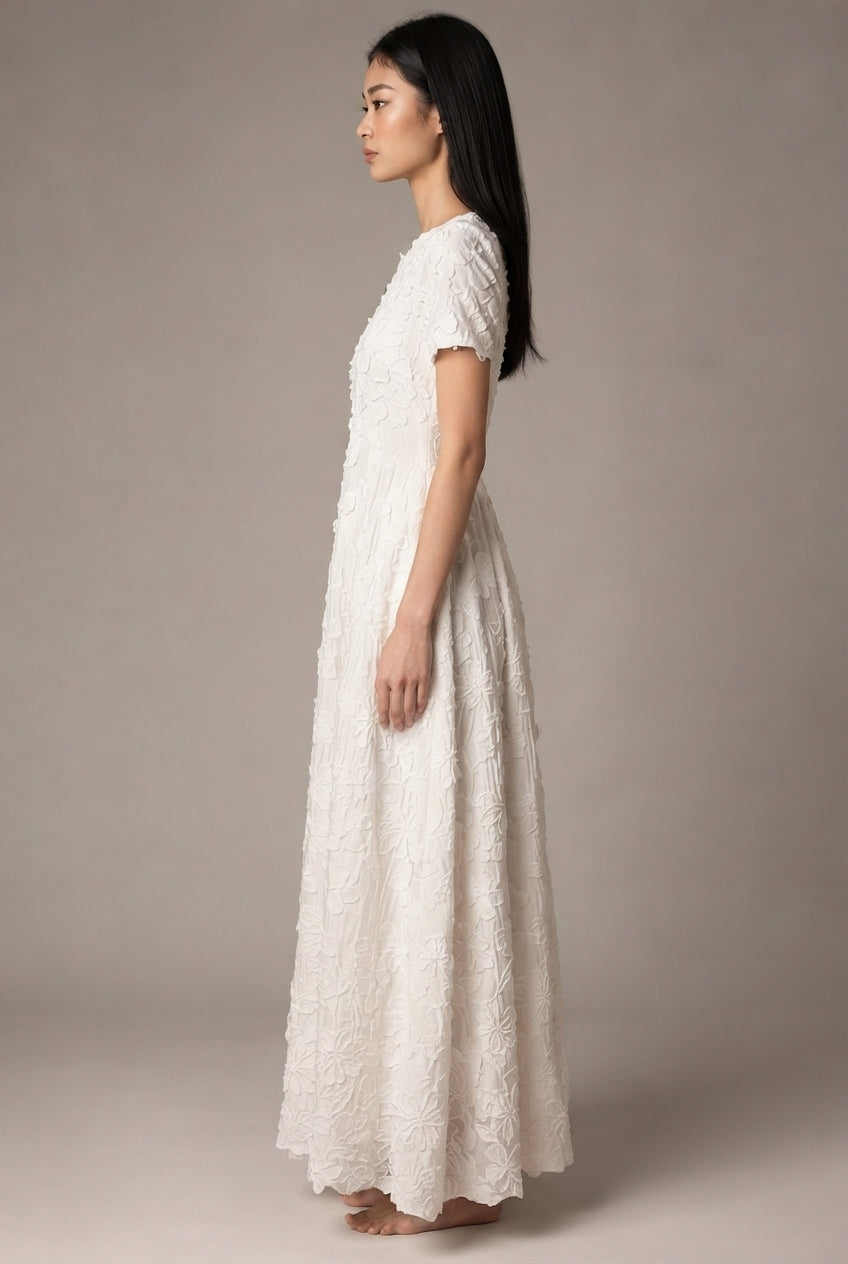 Creamy White Embroidery A- Line Dress — White — AI-generated studio right-side profile