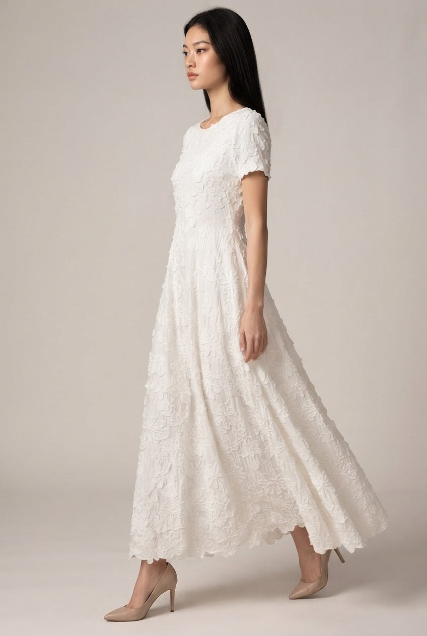Creamy White Embroidery A- Line Dress — White — AI-generated studio left-side walking view