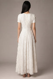 Creamy White Embroidery A- Line Dress — White — AI-generated studio back view