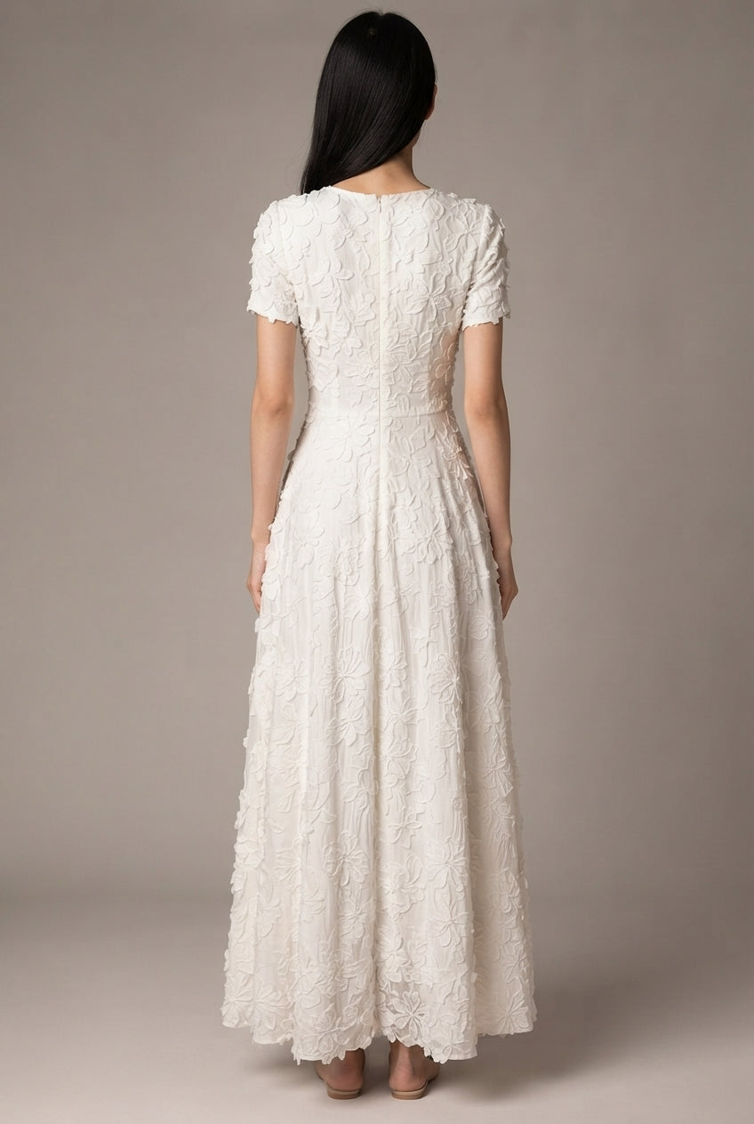 Creamy White Embroidery A- Line Dress — White — AI-generated studio back view