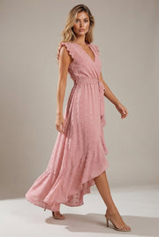 Dress Ruffle Sleeve S Wave Bohemia Elegant Maxi Dress — Light Pink — AI-generated studio left-side walking view