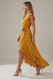Dress Ruffle Sleeve S Wave Bohemia Elegant Maxi Dress — Yellow — AI-generated studio left-side walking view