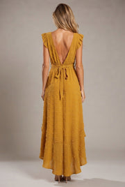 Dress Ruffle Sleeve S Wave Bohemia Elegant Maxi Dress — Yellow — AI-generated studio back view