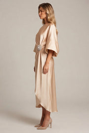 Elegant Commuter Design Sense Satin Long Dress For Women With Pearl Flower Decoration High Waist Irregular Skirt — Apricot — AI-generated studio right-side profile