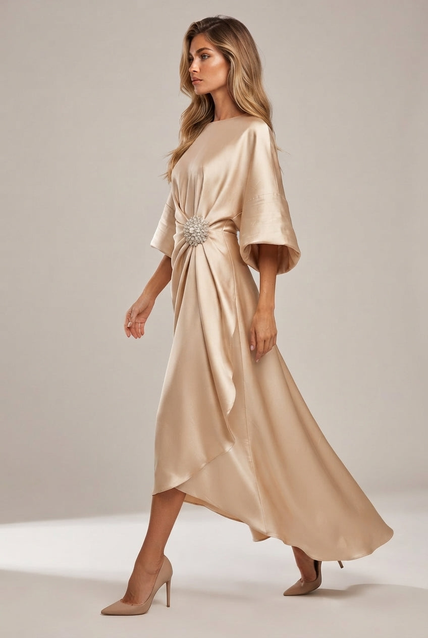 Elegant Commuter Design Sense Satin Long Dress For Women With Pearl Flower Decoration High Waist Irregular Skirt — Apricot — AI-generated studio left-side walking view