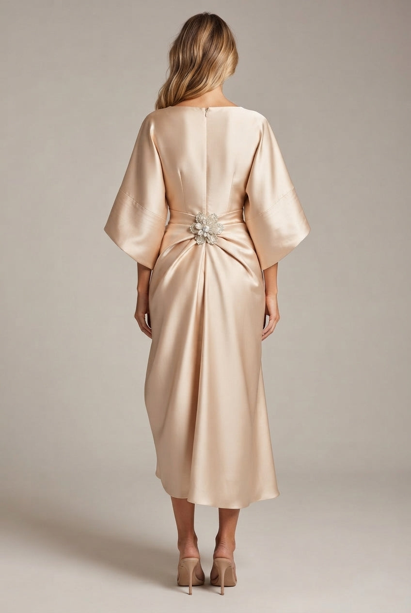 Elegant Commuter Design Sense Satin Long Dress For Women With Pearl Flower Decoration High Waist Irregular Skirt — Apricot — AI-generated studio back view