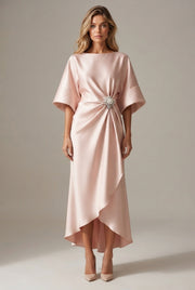 Elegant Commuter Design Sense Satin Long Dress For Women With Pearl Flower Decoration High Waist Irregular Skirt — Light Pink — AI-generated studio front view