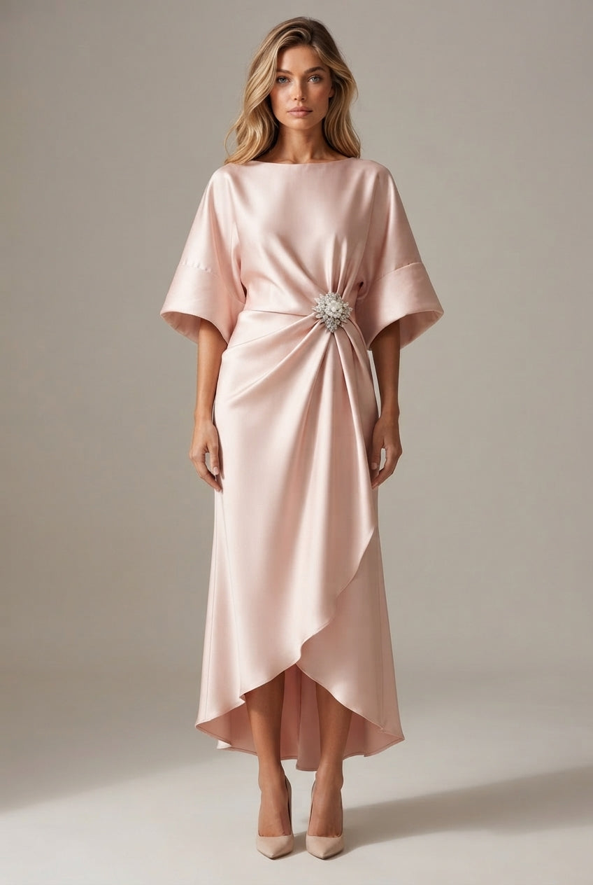 Elegant Commuter Design Sense Satin Long Dress For Women With Pearl Flower Decoration High Waist Irregular Skirt — Light Pink — AI-generated studio front view