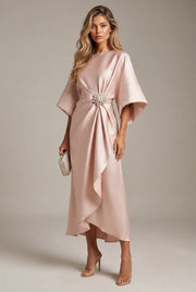 Elegant Commuter Design Sense Satin Long Dress For Women With Pearl Flower Decoration High Waist Irregular Skirt — Light Pink — AI-generated studio three-quarter view