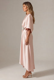 Elegant Commuter Design Sense Satin Long Dress For Women With Pearl Flower Decoration High Waist Irregular Skirt — Light Pink — AI-generated studio right-side profile
