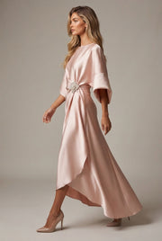 Elegant Commuter Design Sense Satin Long Dress For Women With Pearl Flower Decoration High Waist Irregular Skirt — Light Pink — AI-generated studio left-side walking view