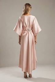Elegant Commuter Design Sense Satin Long Dress For Women With Pearl Flower Decoration High Waist Irregular Skirt — Light Pink — AI-generated studio back view