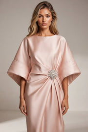 Elegant Commuter Design Sense Satin Long Dress For Women With Pearl Flower Decoration High Waist Irregular Skirt — Light Pink — AI-generated studio bodice detail