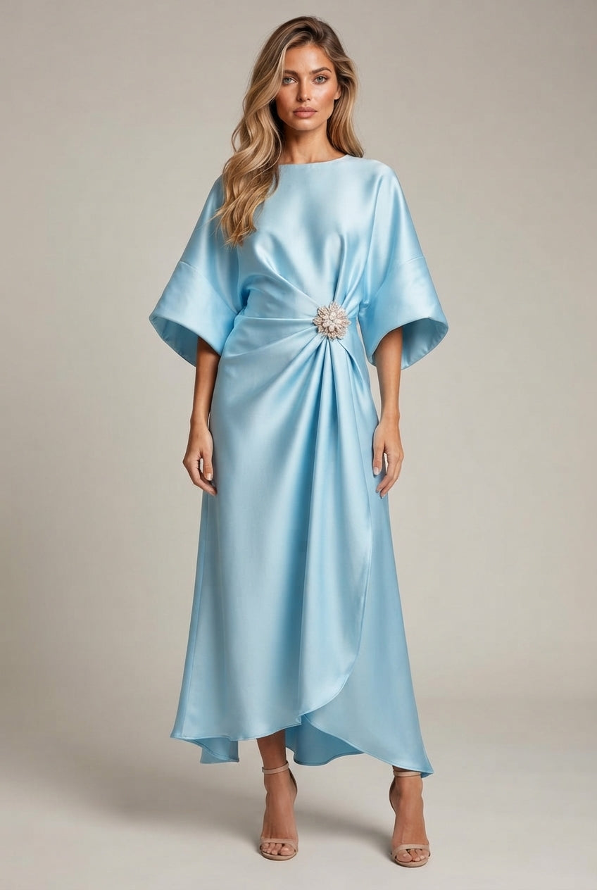 Elegant Commuter Design Sense Satin Long Dress For Women With Pearl Flower Decoration High Waist Irregular Skirt — Sky Blue — AI-generated studio front view