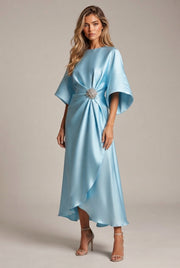 Elegant Commuter Design Sense Satin Long Dress For Women With Pearl Flower Decoration High Waist Irregular Skirt — Sky Blue — AI-generated studio three-quarter view