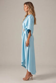 Elegant Commuter Design Sense Satin Long Dress For Women With Pearl Flower Decoration High Waist Irregular Skirt — Sky Blue — AI-generated studio right-side profile