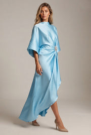 Elegant Commuter Design Sense Satin Long Dress For Women With Pearl Flower Decoration High Waist Irregular Skirt — Sky Blue — AI-generated studio left-side walking view