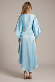 Elegant Commuter Design Sense Satin Long Dress For Women With Pearl Flower Decoration High Waist Irregular Skirt — Sky Blue — AI-generated studio back view