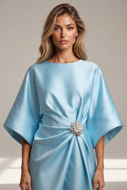 Elegant Commuter Design Sense Satin Long Dress For Women With Pearl Flower Decoration High Waist Irregular Skirt — Sky Blue — AI-generated studio bodice detail