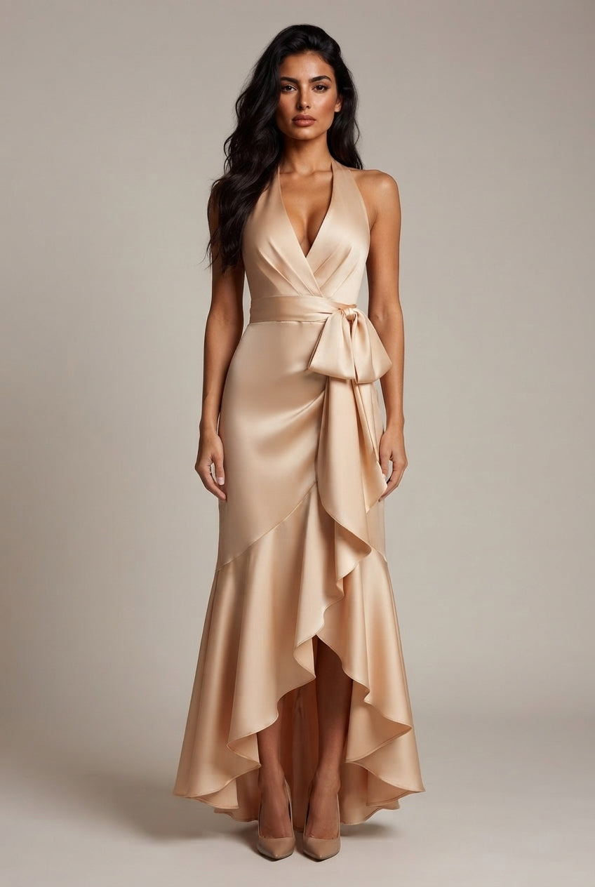 Elegant Deep V-neck Irregular Women's Ruffled Ruffled Evening Dress Gowns Solid Color Lace-up High Waist Satin Party Dresses Wedding Guests Dress — Apricot — AI-generated studio front view