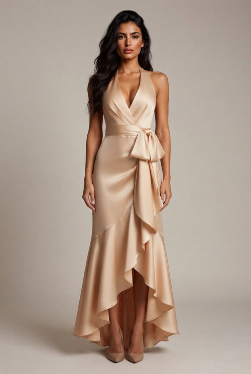 Elegant Deep V-neck Irregular Women's Ruffled Ruffled Evening Dress Gowns Solid Color Lace-up High Waist Satin Party Dresses Wedding Guests Dress — Apricot — AI-generated studio front view