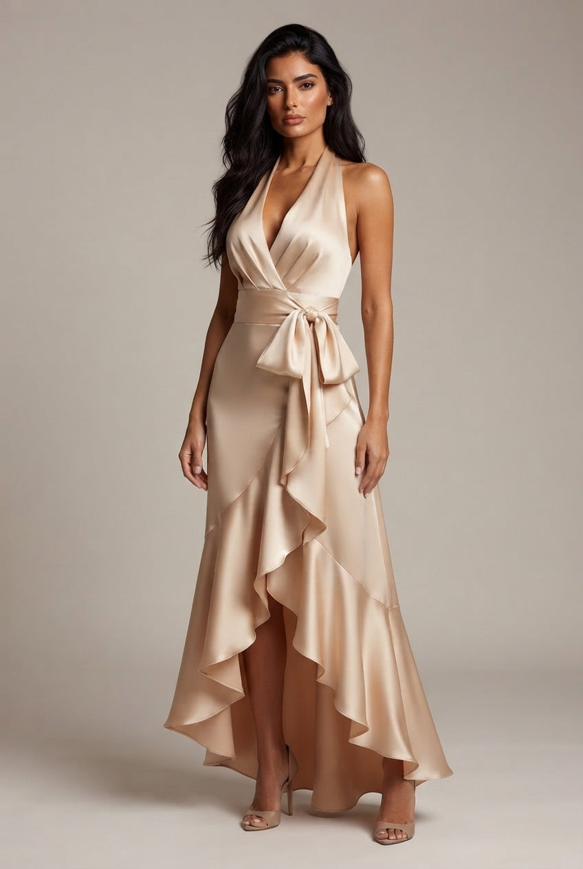 Elegant Deep V-neck Irregular Women's Ruffled Ruffled Evening Dress Gowns Solid Color Lace-up High Waist Satin Party Dresses Wedding Guests Dress — Apricot — AI-generated studio three-quarter view