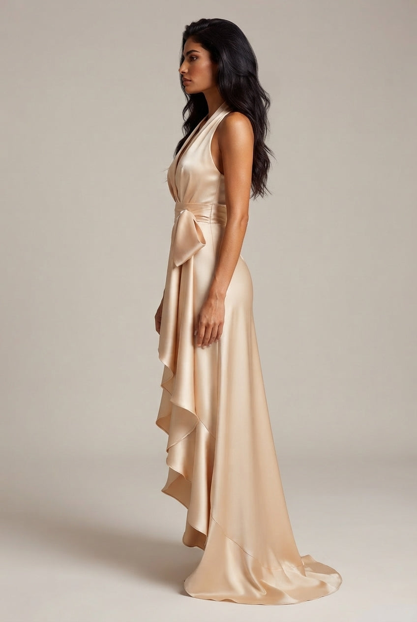 Elegant Deep V-neck Irregular Women's Ruffled Ruffled Evening Dress Gowns Solid Color Lace-up High Waist Satin Party Dresses Wedding Guests Dress — Apricot — AI-generated studio right-side profile