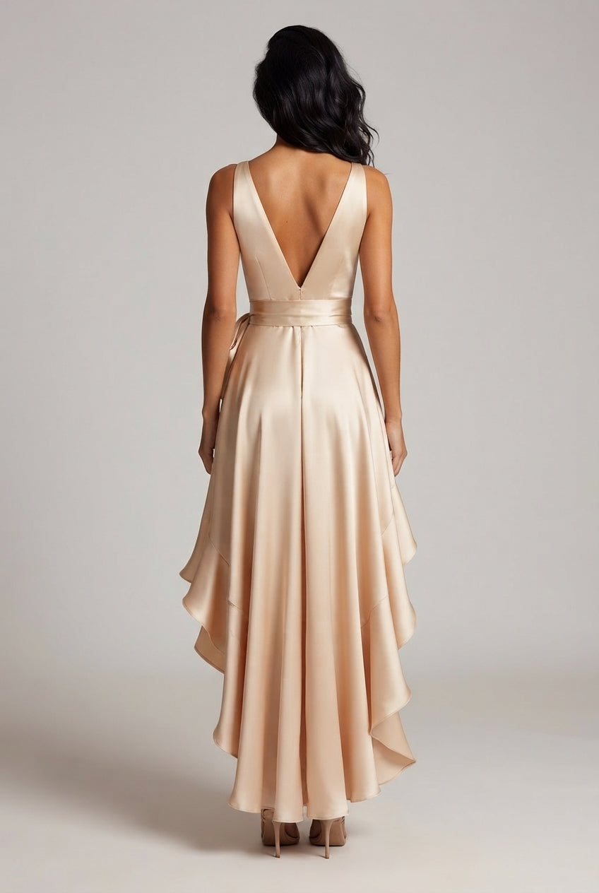 Elegant Deep V-neck Irregular Women's Ruffled Ruffled Evening Dress Gowns Solid Color Lace-up High Waist Satin Party Dresses Wedding Guests Dress — Apricot — AI-generated studio back view