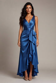 Elegant Deep V-neck Irregular Women's Ruffled Ruffled Evening Dress Gowns Solid Color Lace-up High Waist Satin Party Dresses Wedding Guests Dress — Blue — AI-generated studio front view