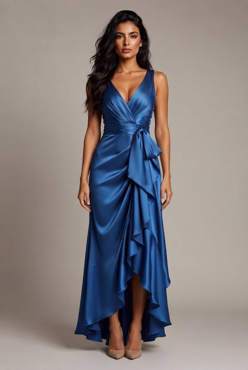 Elegant Deep V-neck Irregular Women's Ruffled Ruffled Evening Dress Gowns Solid Color Lace-up High Waist Satin Party Dresses Wedding Guests Dress — Blue — AI-generated studio front view