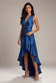 Elegant Deep V-neck Irregular Women's Ruffled Ruffled Evening Dress Gowns Solid Color Lace-up High Waist Satin Party Dresses Wedding Guests Dress — Blue — AI-generated studio three-quarter view