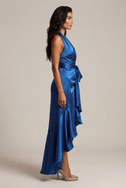 Elegant Deep V-neck Irregular Women's Ruffled Ruffled Evening Dress Gowns Solid Color Lace-up High Waist Satin Party Dresses Wedding Guests Dress — Blue — AI-generated studio right-side profile