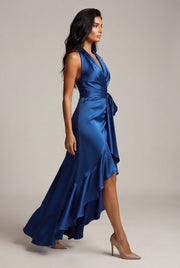 Elegant Deep V-neck Irregular Women's Ruffled Ruffled Evening Dress Gowns Solid Color Lace-up High Waist Satin Party Dresses Wedding Guests Dress — Blue — AI-generated studio left-side walking view