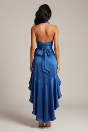 Elegant Deep V-neck Irregular Women's Ruffled Ruffled Evening Dress Gowns Solid Color Lace-up High Waist Satin Party Dresses Wedding Guests Dress — Blue — AI-generated studio back view