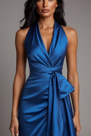 Elegant Deep V-neck Irregular Women's Ruffled Ruffled Evening Dress Gowns Solid Color Lace-up High Waist Satin Party Dresses Wedding Guests Dress — Blue — AI-generated studio bodice detail