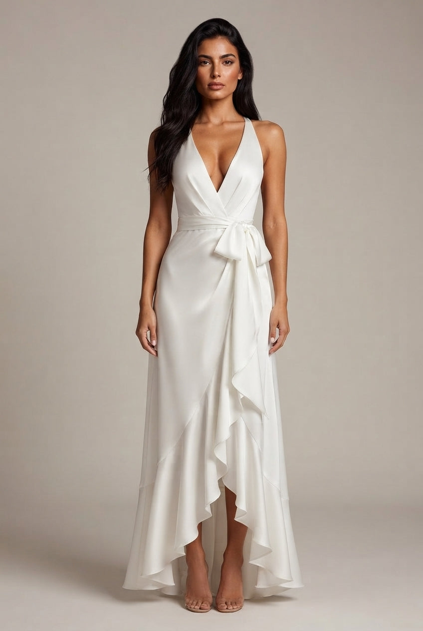 Elegant Deep V-neck Irregular Women's Ruffled Ruffled Evening Dress Gowns Solid Color Lace-up High Waist Satin Party Dresses Wedding Guests Dress — White — AI-generated studio front view